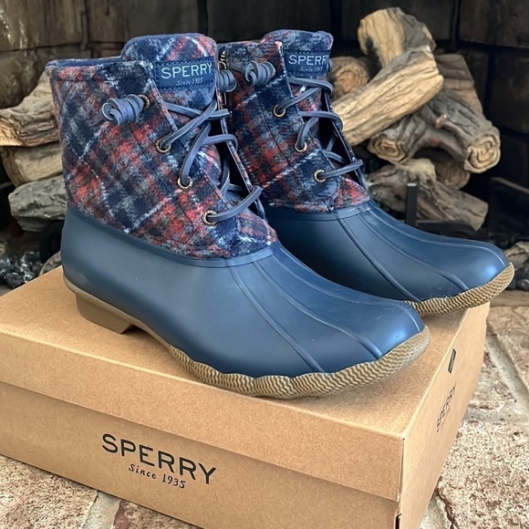 Brand New Sperry Saltwater Wool Plaid Duck Boot Waterproof Blue Winter Rain - Picture 15 of 15